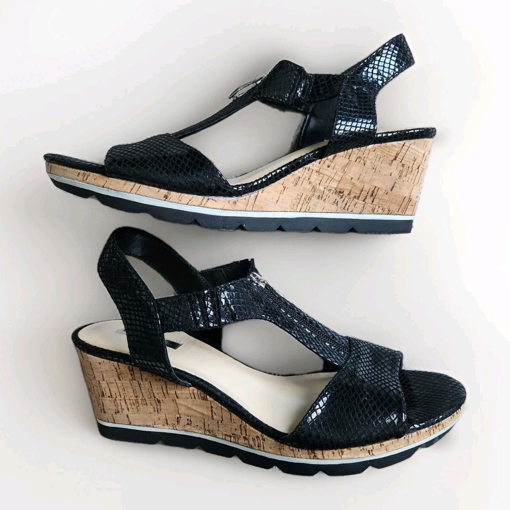 Liz Claiborne Sport Black Snakeskin Wedge Sandals Cork Heel Zip Womans Size 10